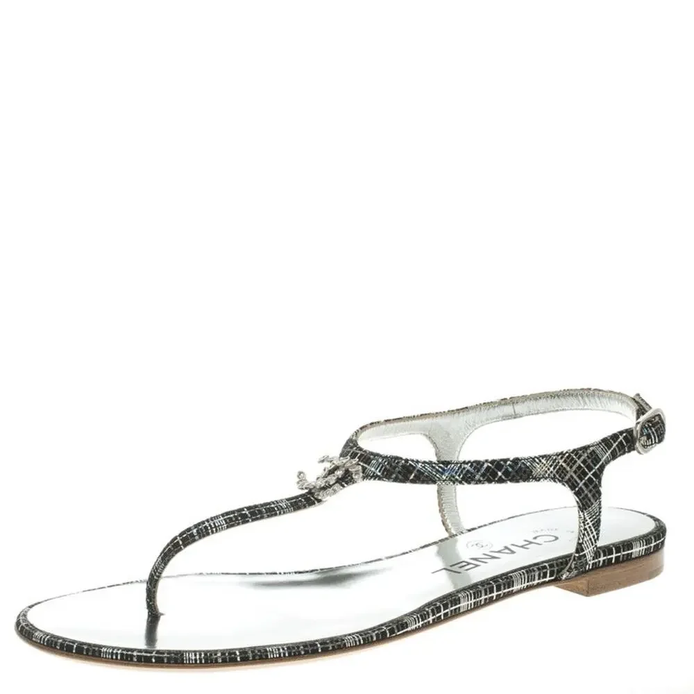 CHANEL Black Metallic Tweed Crystal CC Ankle T Strap Thong Flat Sandals 37.5